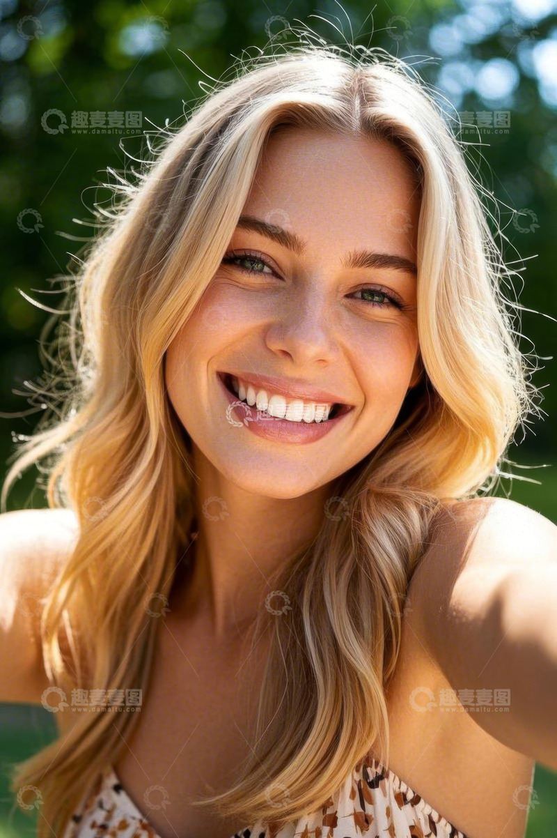 高清大图下载【趣麦麦图】户外微笑金发女子自拍