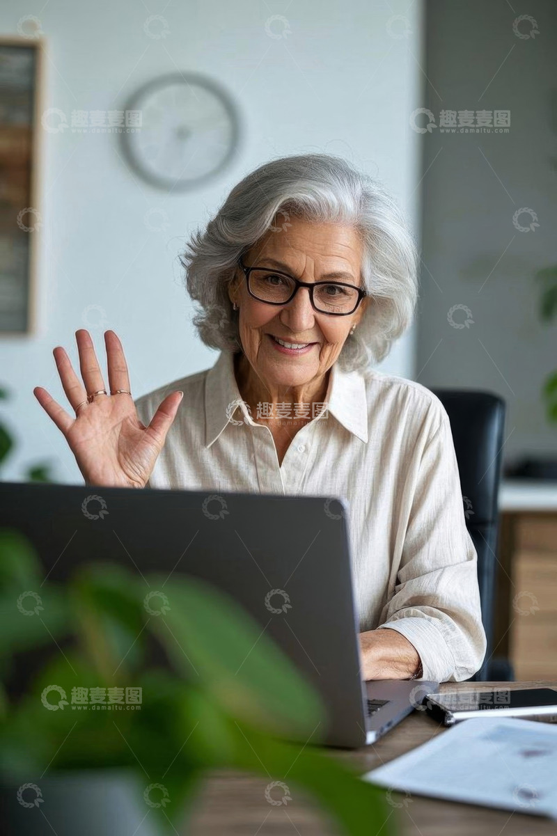 高清大图下载【趣麦麦图】老年女性使用笔记本电脑挥手