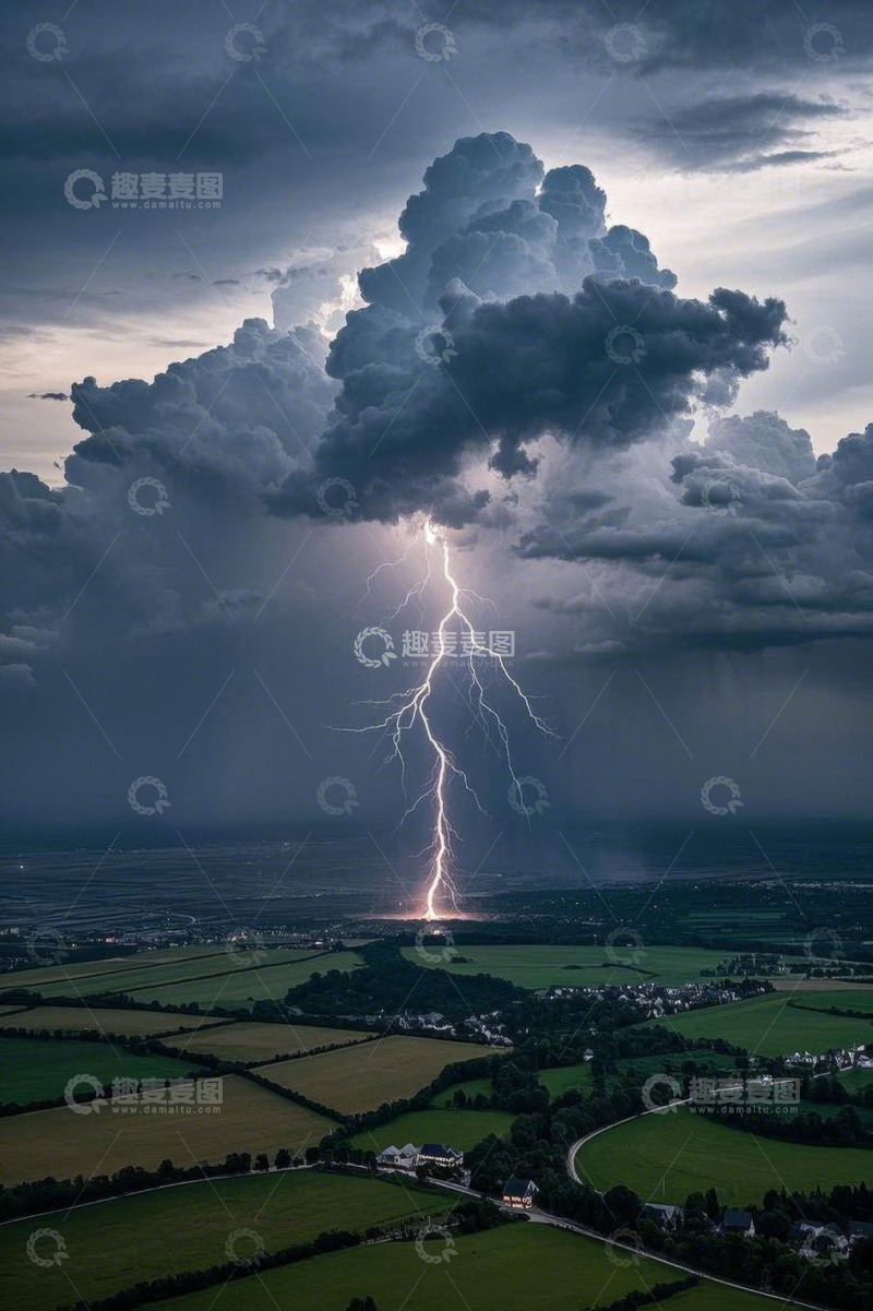 高清大图下载【趣麦麦图】田野上空闪电风暴景象