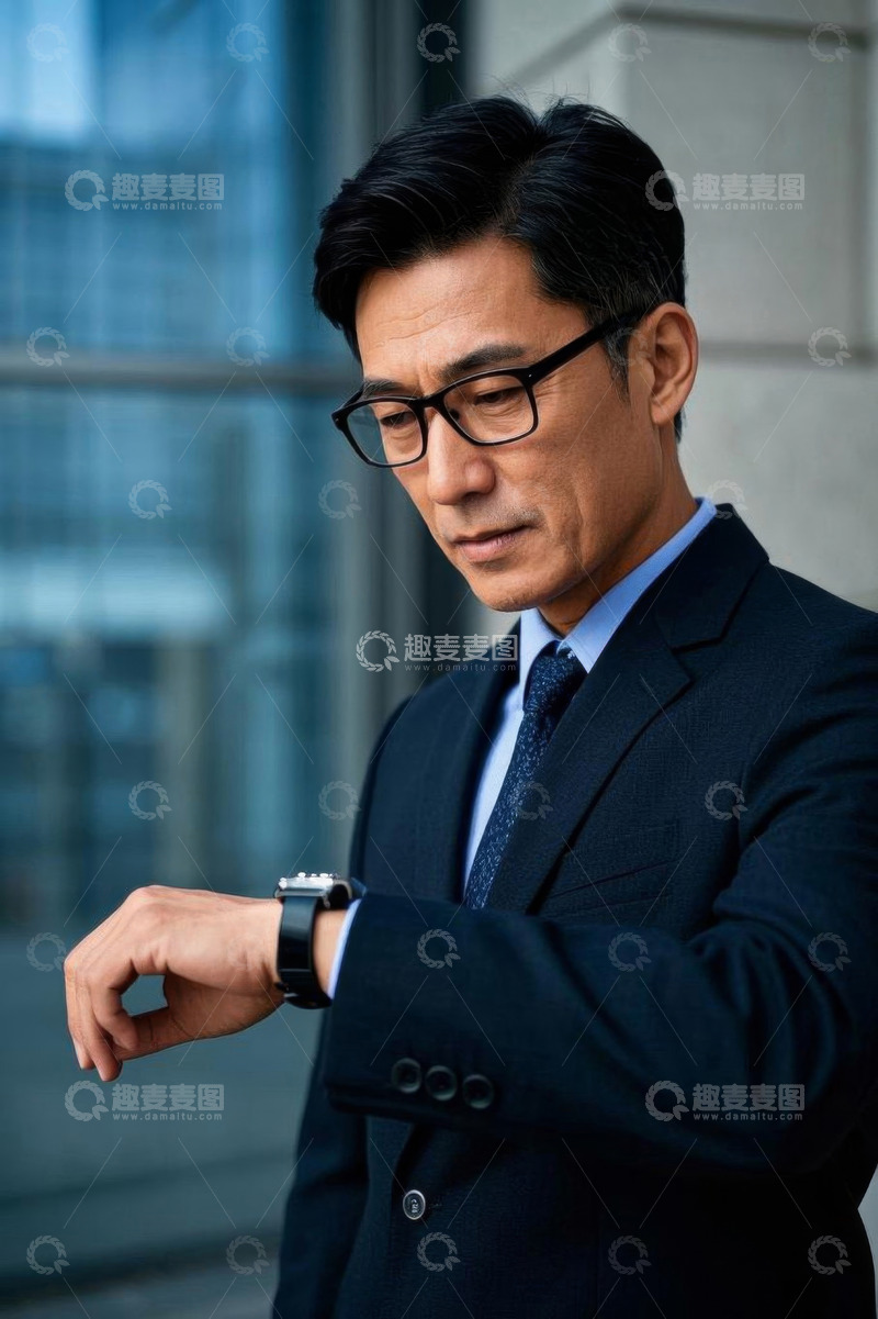 高清大图下载【趣麦麦图】亚洲商务男士查看手腕手表