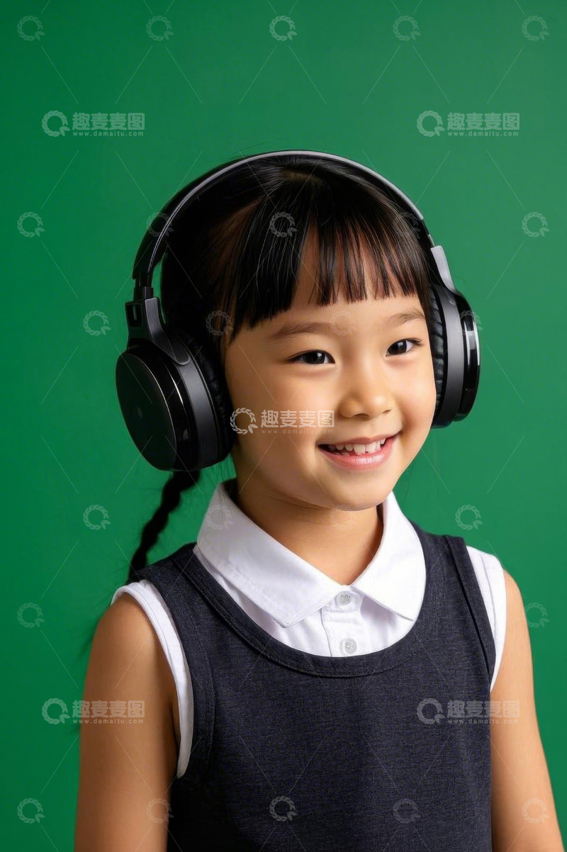 高清大图下载【趣麦麦图】戴耳机微笑的小女孩