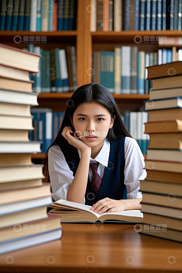女生在图书馆专注学习