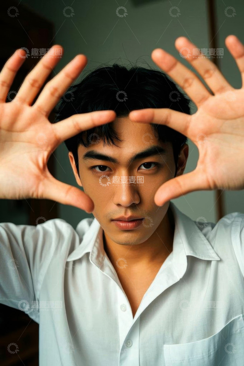 高清大图下载【趣麦麦图】亚洲男子双手框脸肖像