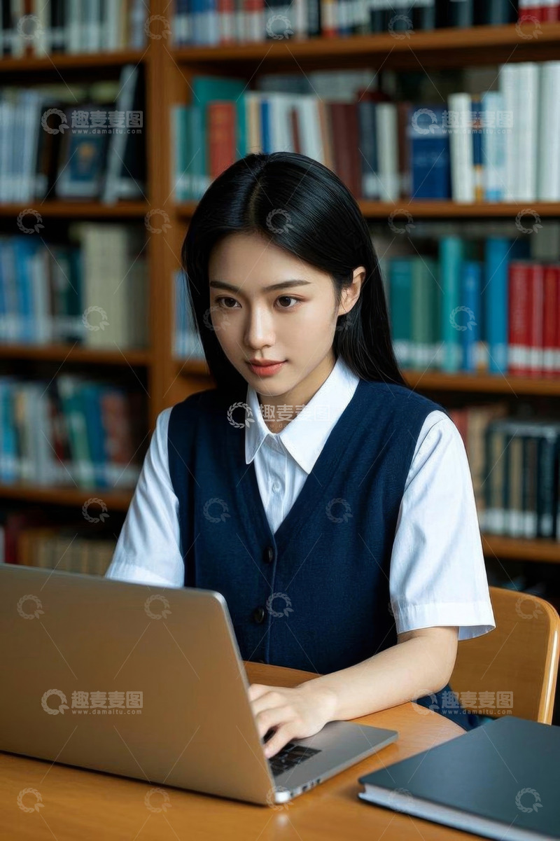 高清大图下载【趣麦麦图】女生在图书馆使用笔记本电脑
