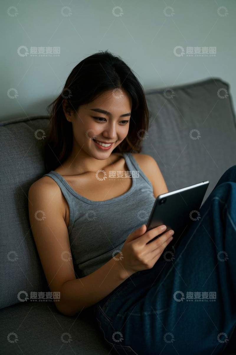 高清大图下载【趣麦麦图】女子沙发上使用平板电脑