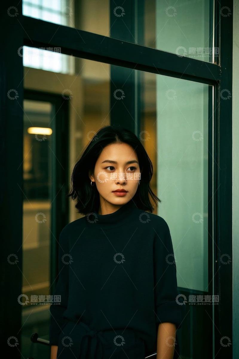 高清大图下载【趣麦麦图】窗边站立的亚洲短发女子