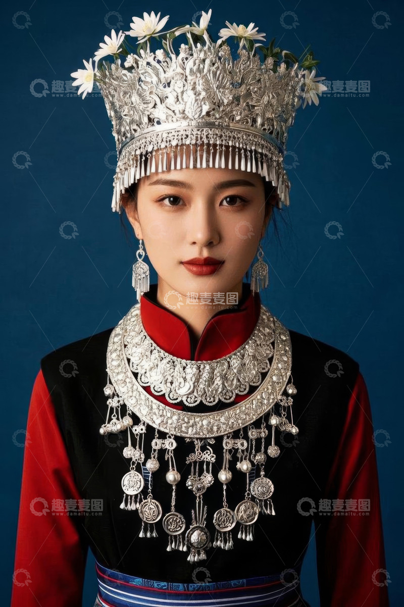 高清大图下载【趣麦麦图】身着苗族服饰佩戴银饰的女子