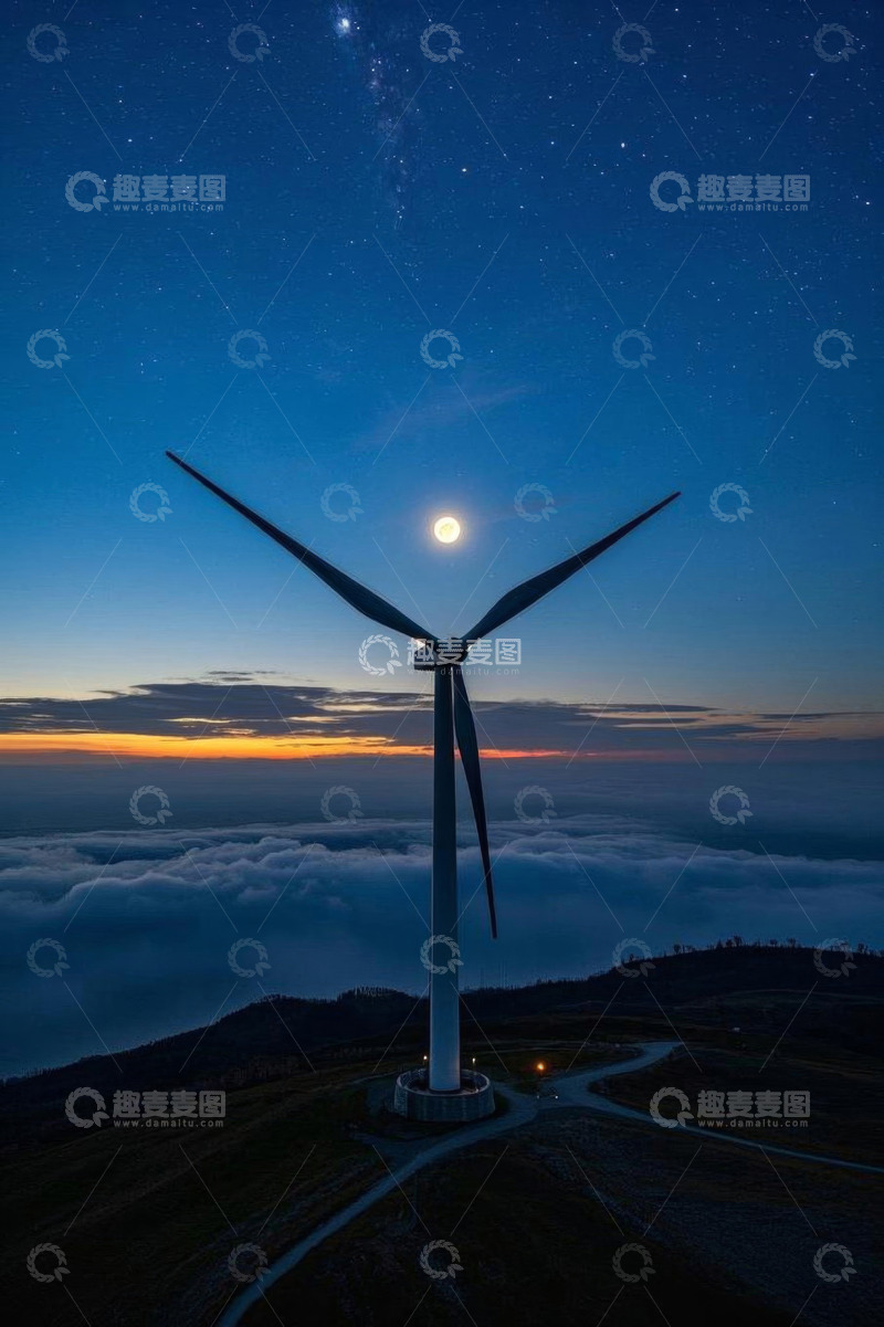 高清大图下载【趣麦麦图】山顶云海中的风力发电机与月景