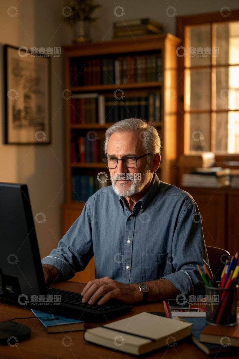 高清大图下载【趣麦麦图】老年男子居家使用电脑办公