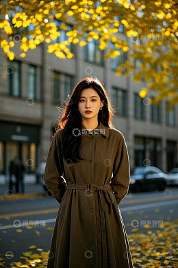 秋日街头年轻女孩户外留影