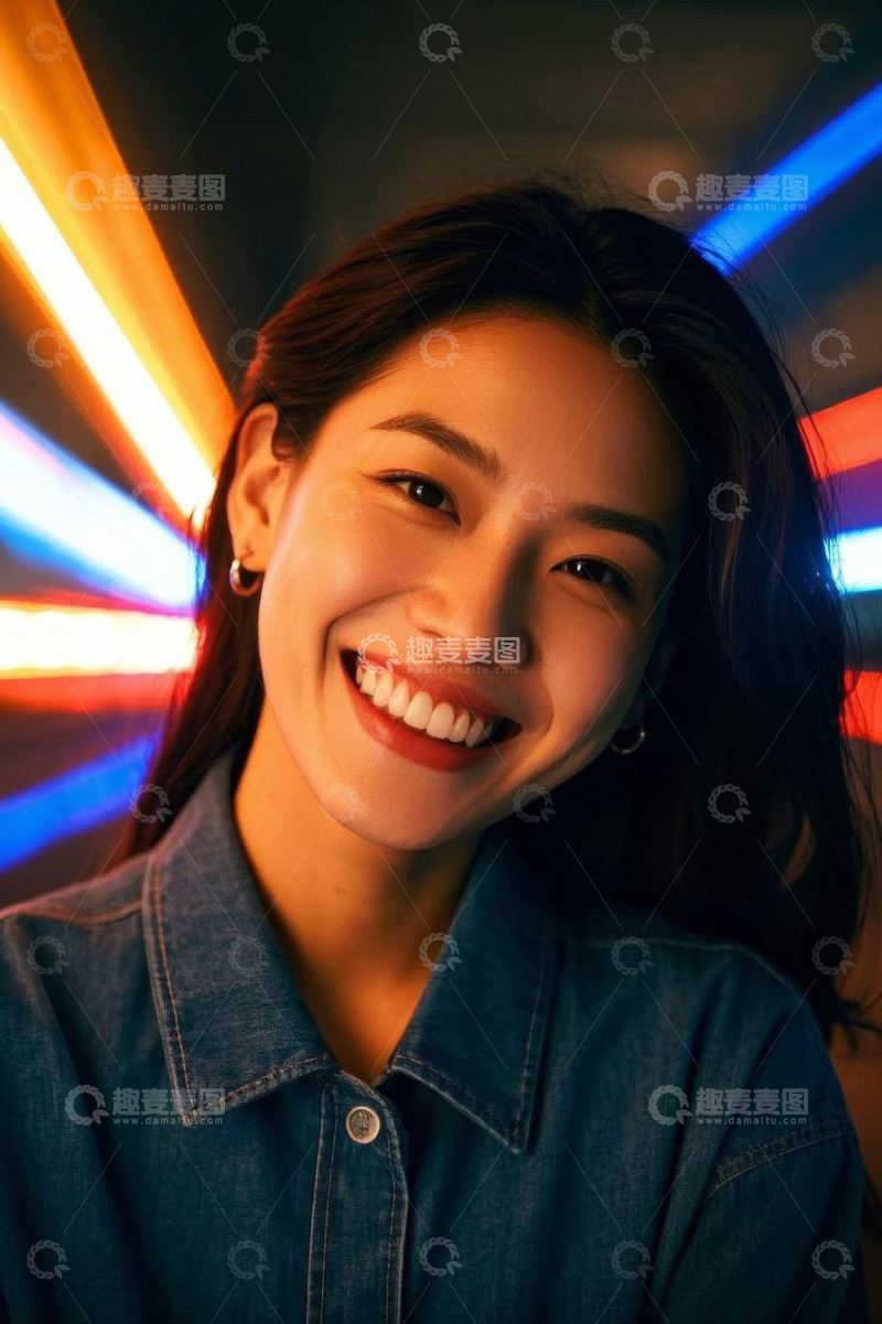 高清大图下载【趣麦麦图】微笑女子彩色光影背景特写