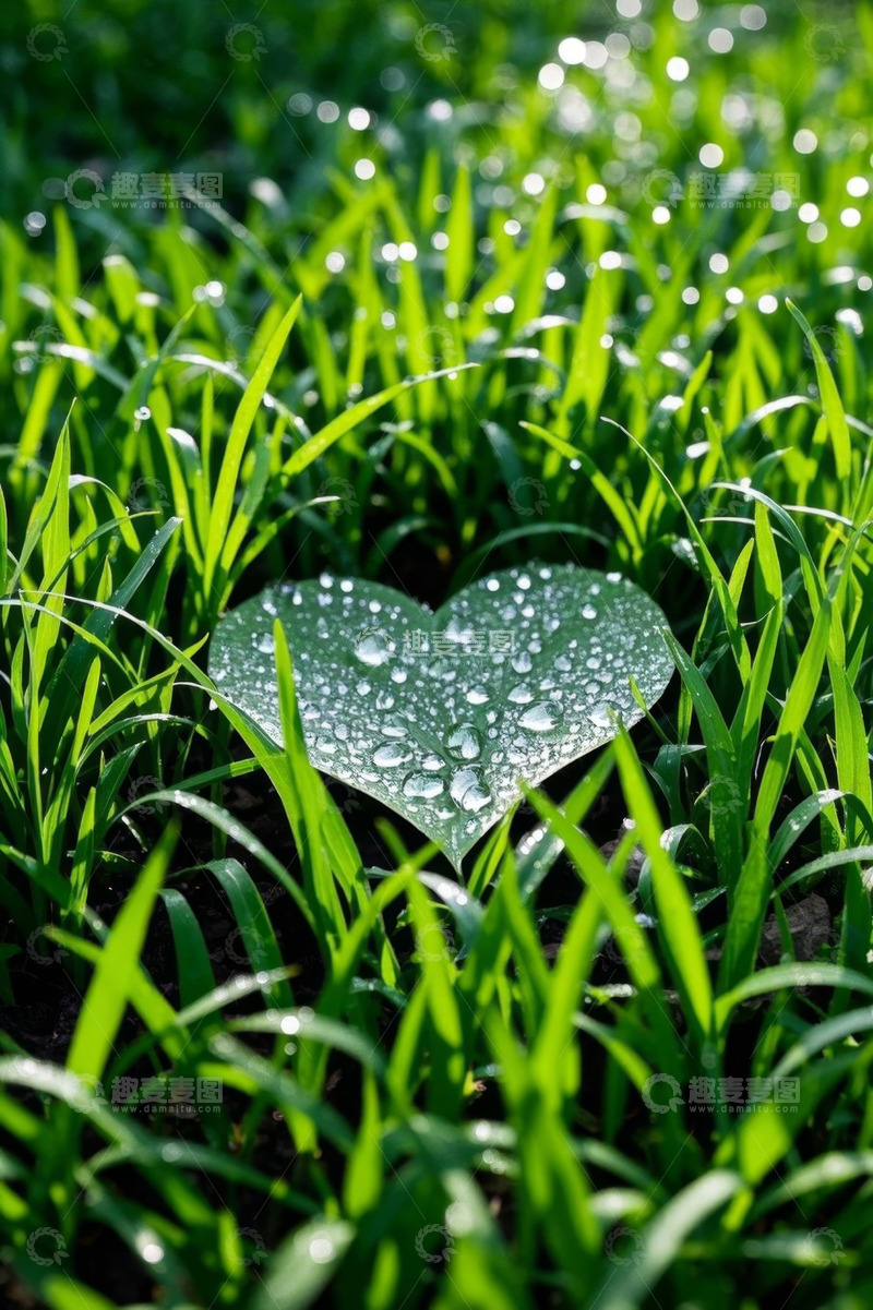 高清大图下载【趣麦麦图】草地上的心形叶片与露珠