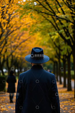戴帽男子于秋日公园漫步背影