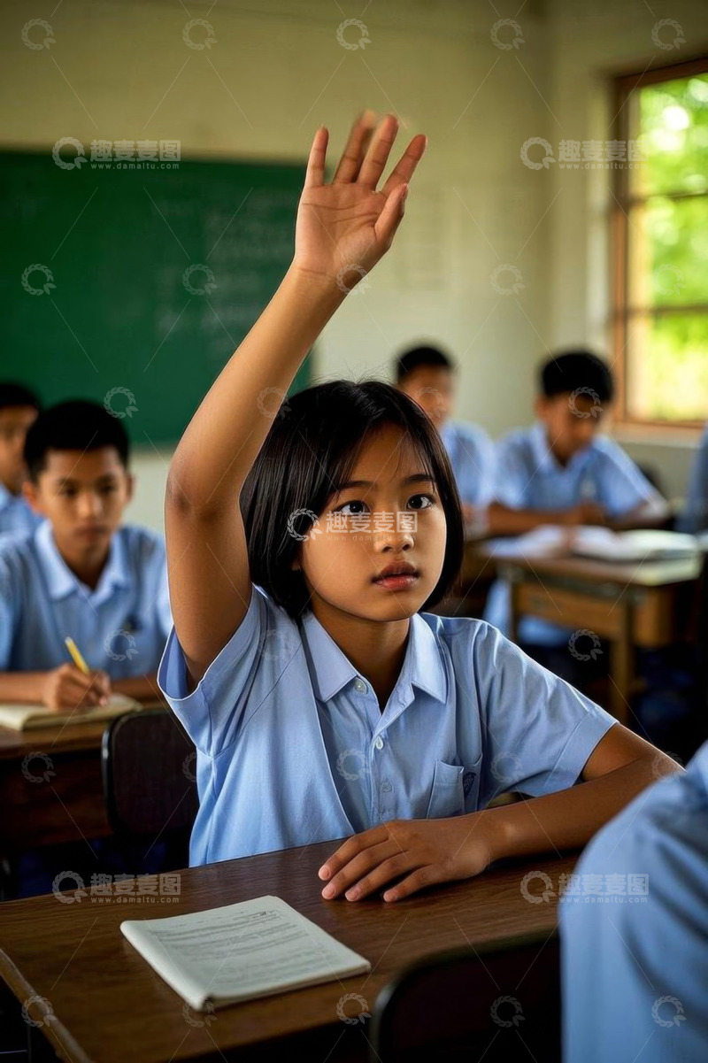 高清大图下载【趣麦麦图】教室中举手回答问题的学生