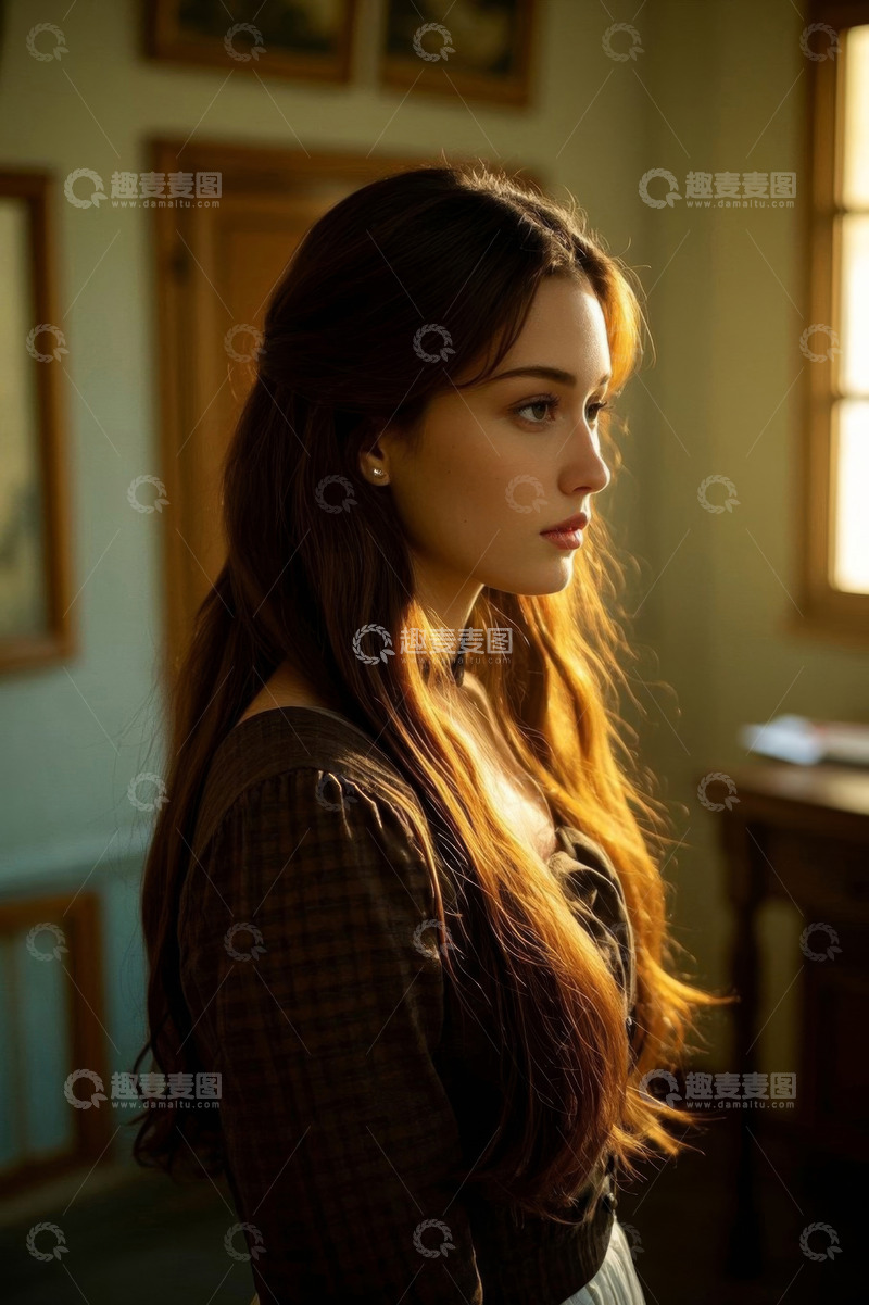 高清大图下载【趣麦麦图】室内长发女子侧颜肖像