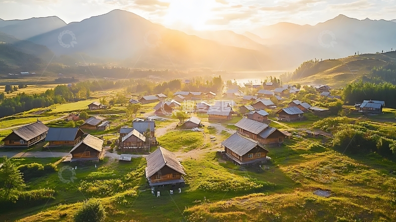 高清大图下载【趣麦麦图】【标题】山村日落木屋风光