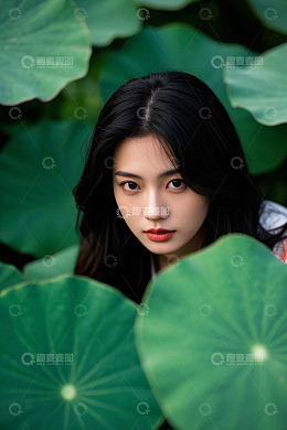 女子于荷塘中半身特写