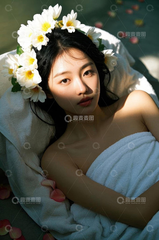 亚洲女性裹浴巾头戴花环躺卧