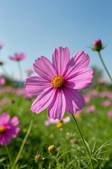阳光下带水珠的粉色格桑花