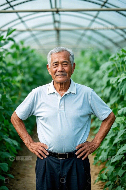 温室中站立的老年农民