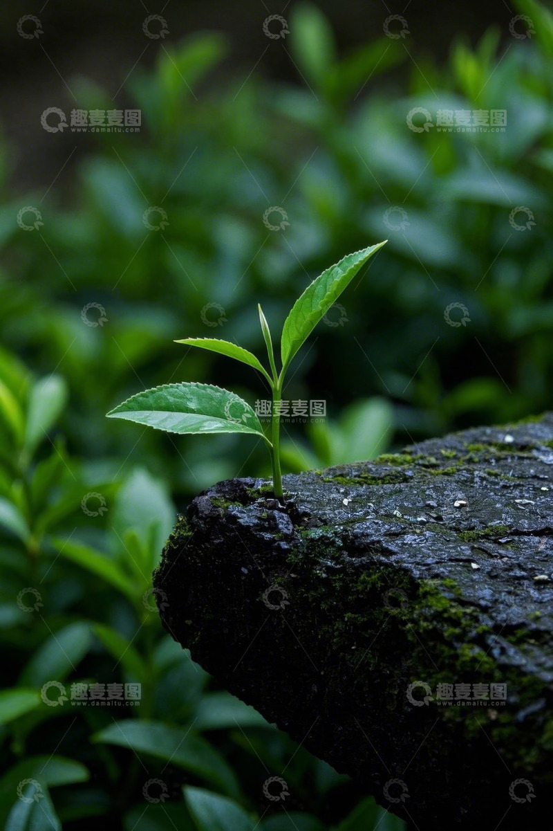 高清大图下载【趣麦麦图】岩石上生长的嫩绿茶叶
