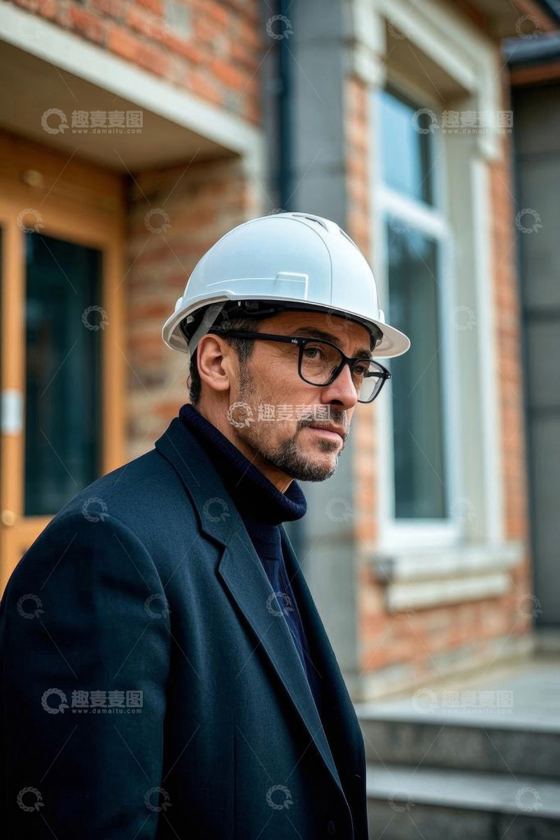 高清大图下载【趣麦麦图】戴安全帽的男子站在建筑前