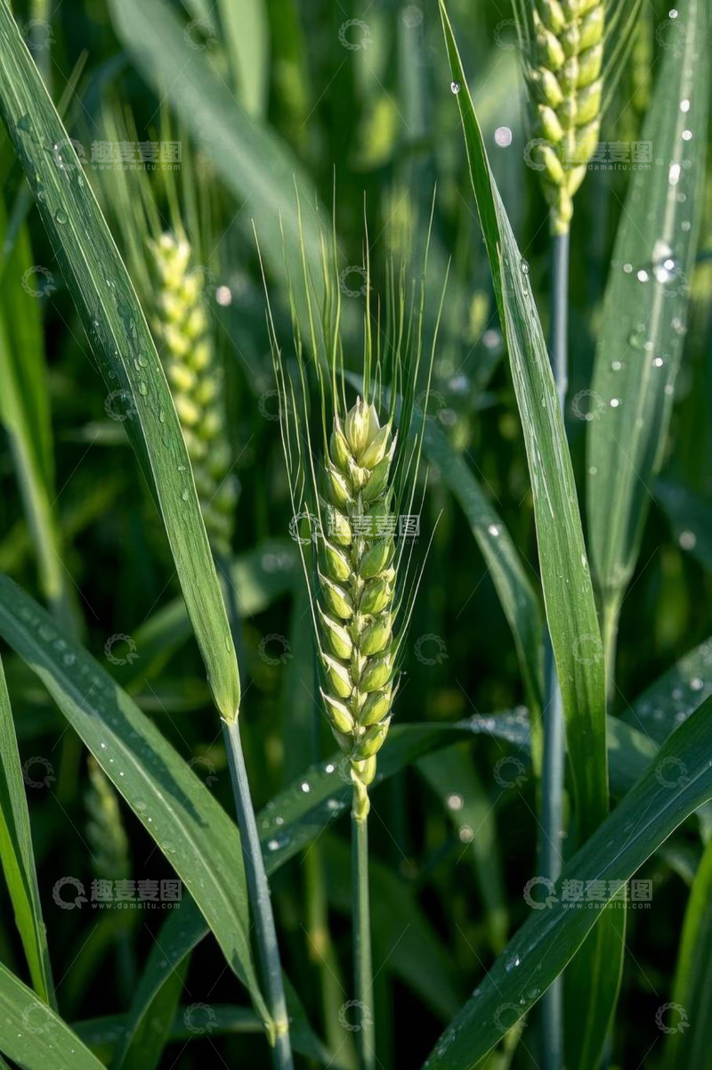 高清大图下载【趣麦麦图】麦田里带露珠的小麦特写