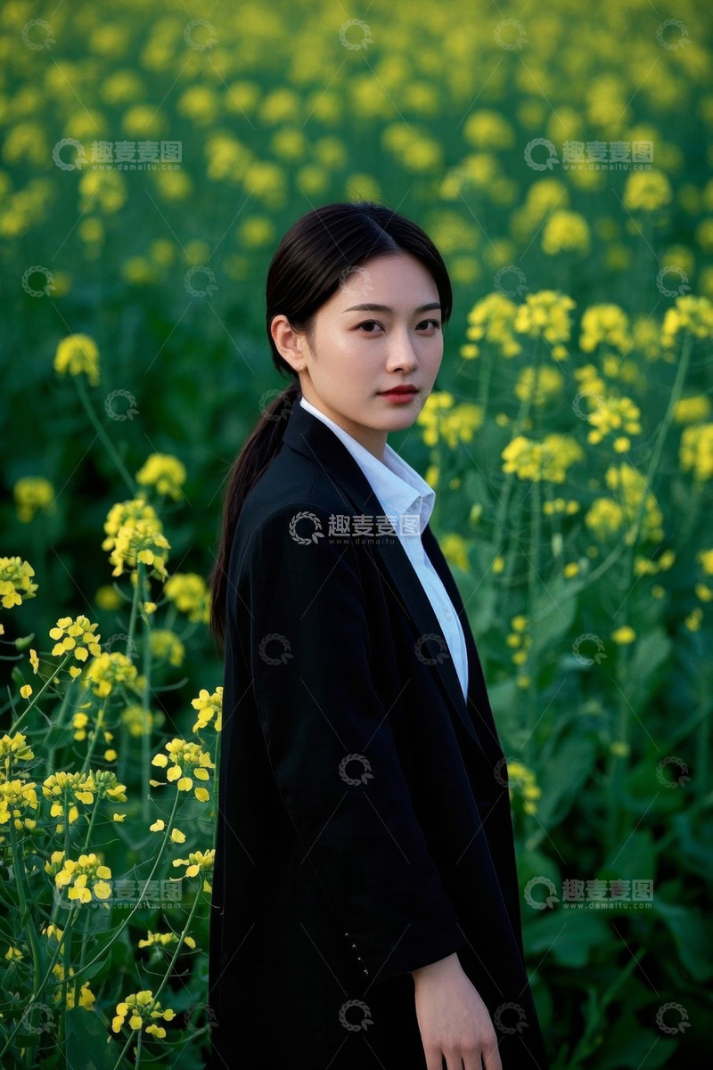 高清大图下载【趣麦麦图】身着正装女子于油菜花田留影