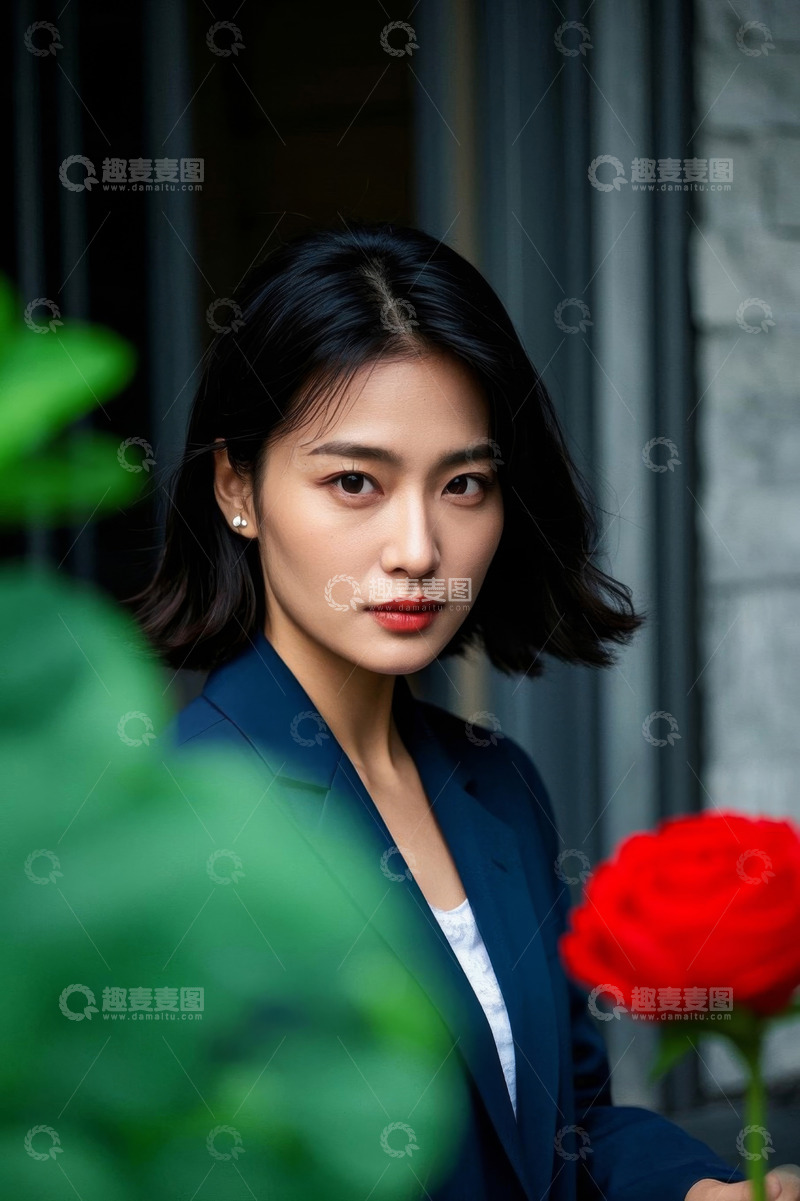 高清大图下载【趣麦麦图】手持玫瑰的青年女性肖像