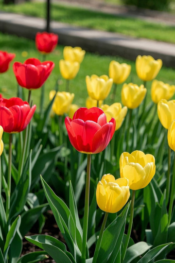 红黄郁金香花丛场景