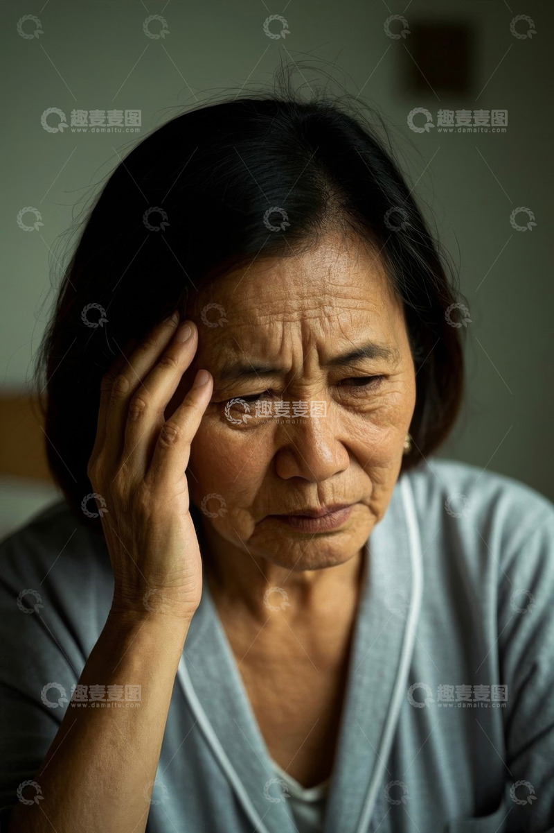 高清大图下载【趣麦麦图】老年女性单手扶额表情忧虑