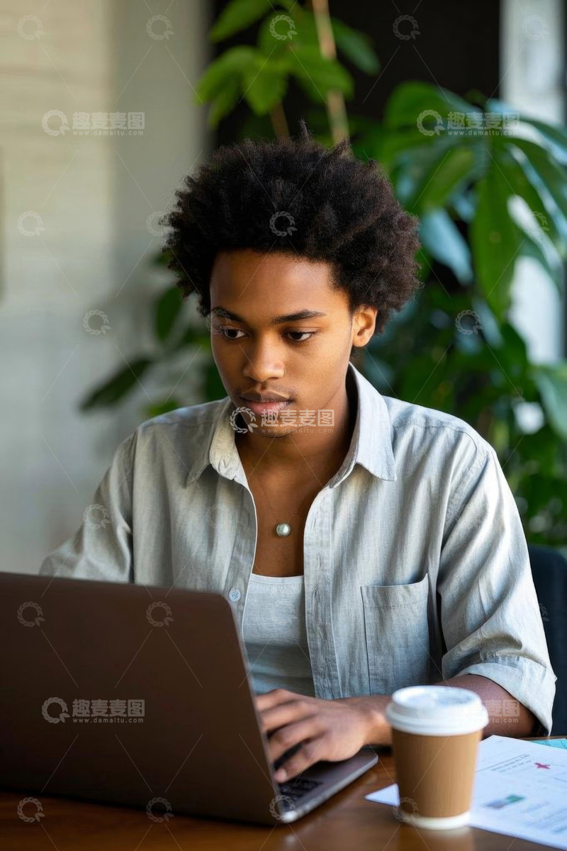 高清大图下载【趣麦麦图】非裔青年使用笔记本电脑办公