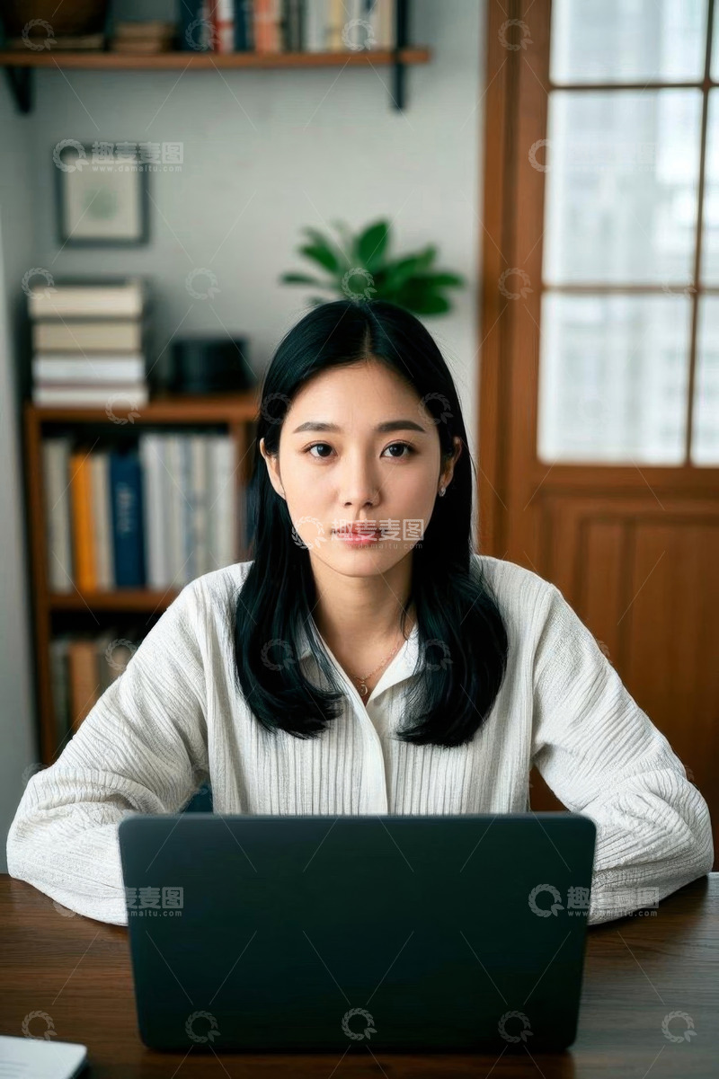 高清大图下载【趣麦麦图】居家办公的女性使用笔记本电脑