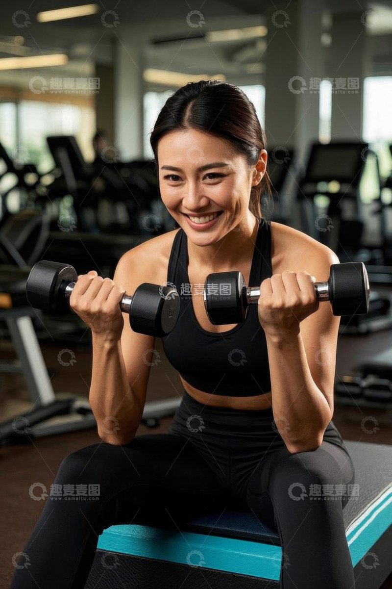 高清大图下载【趣麦麦图】女性健身房举哑铃健身