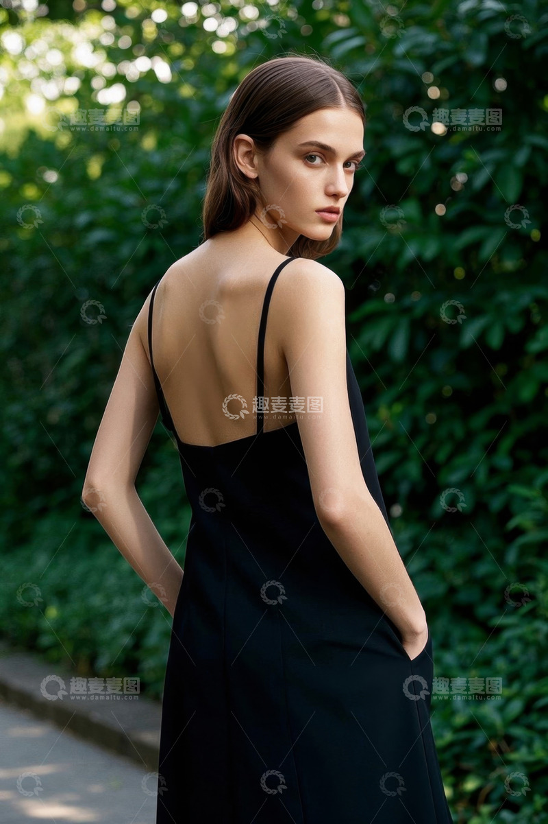 高清大图下载【趣麦麦图】户外穿黑色吊带裙的女子