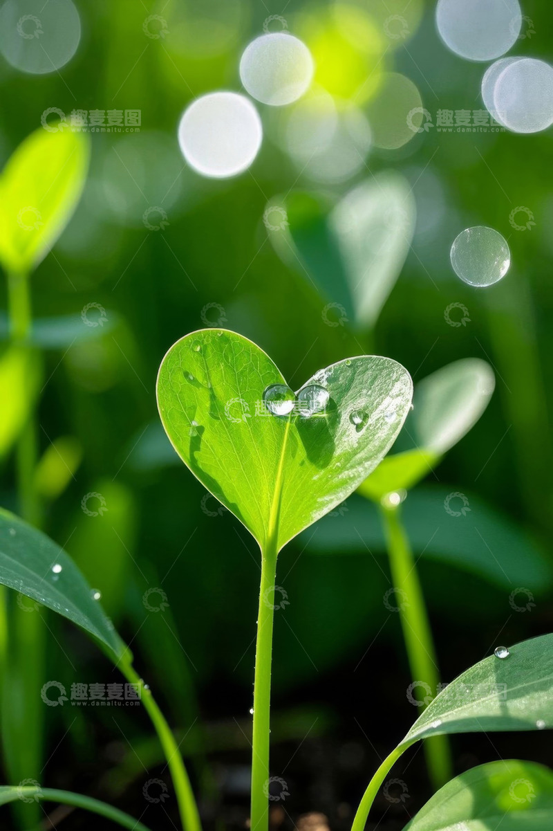 高清大图下载【趣麦麦图】心形绿叶上的晶莹水珠