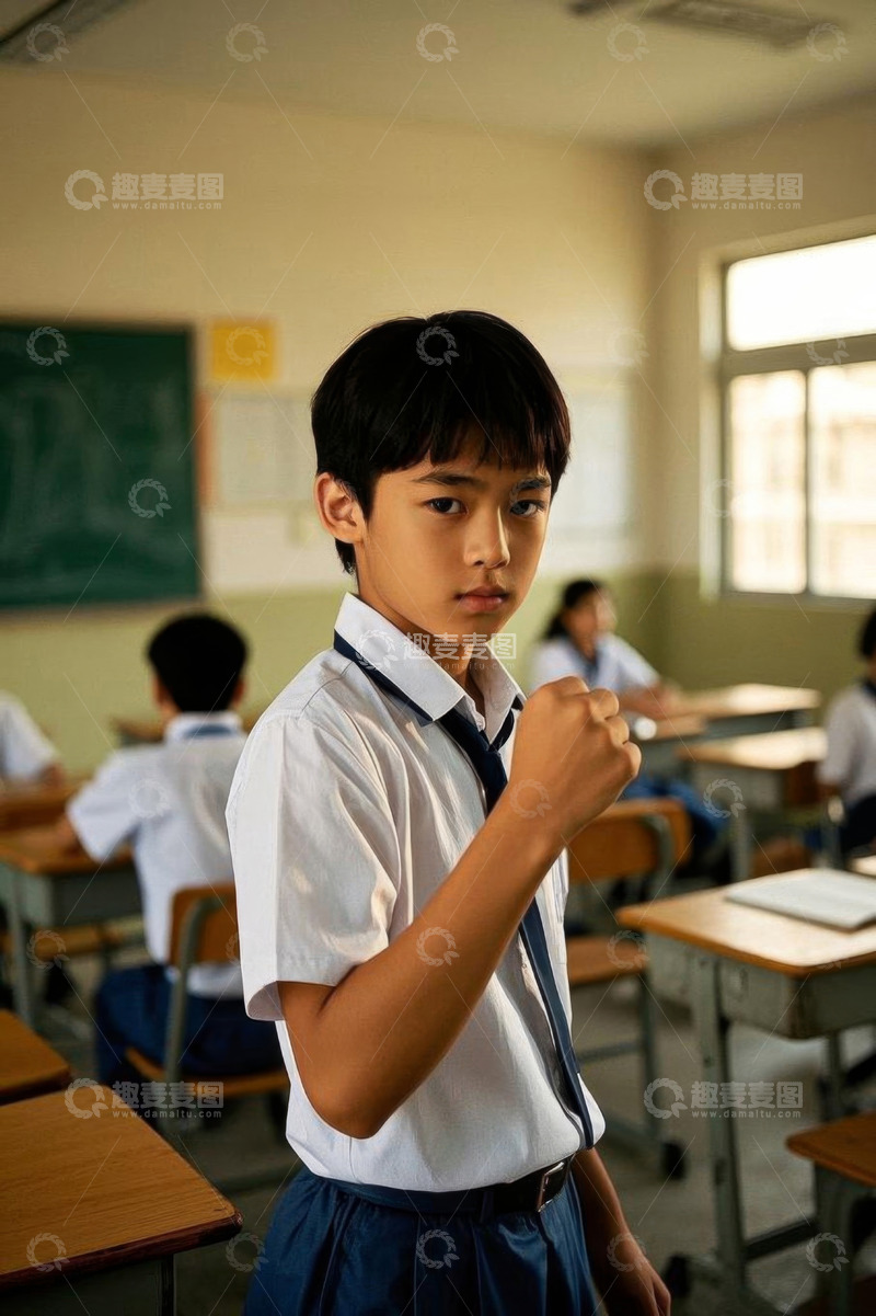 高清大图下载【趣麦麦图】教室里穿着校服的小学生