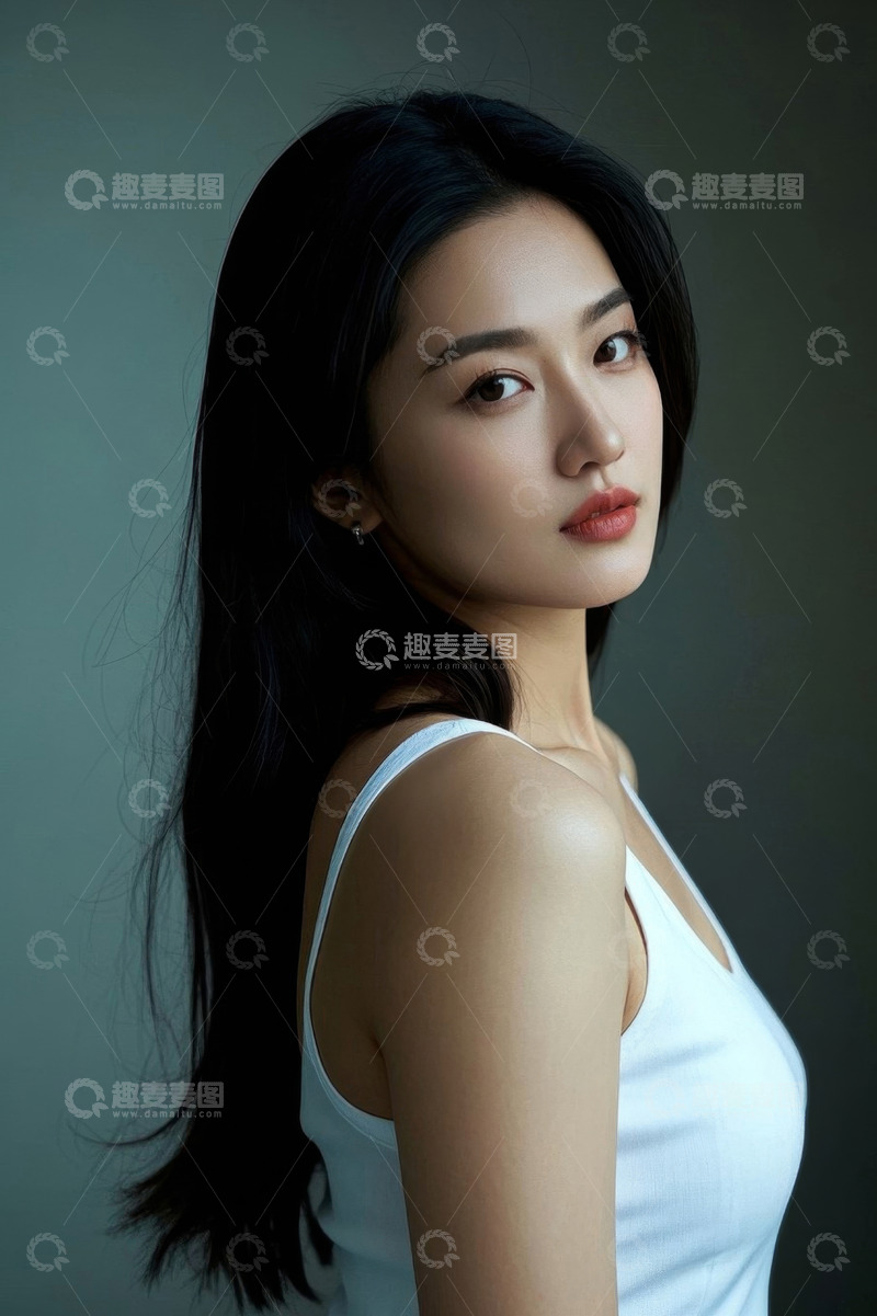 高清大图下载【趣麦麦图】长发女性白色背心半身肖像