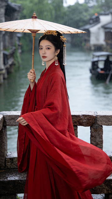 古镇雨景红衣女