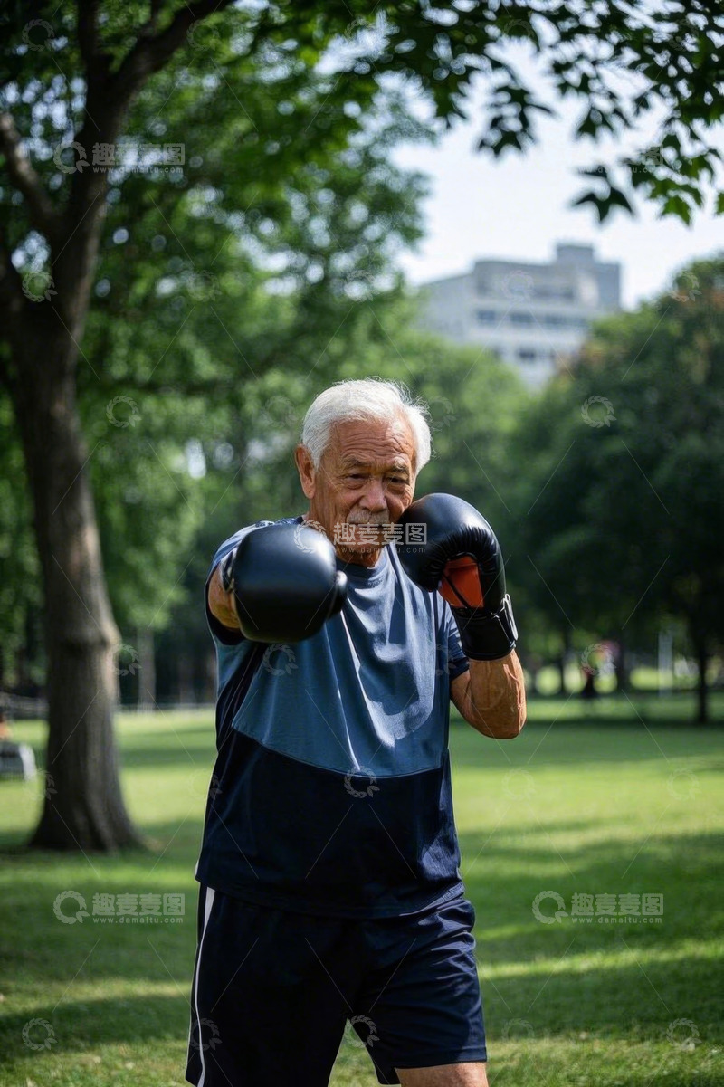 高清大图下载【趣麦麦图】公园中老人戴拳击手套锻炼