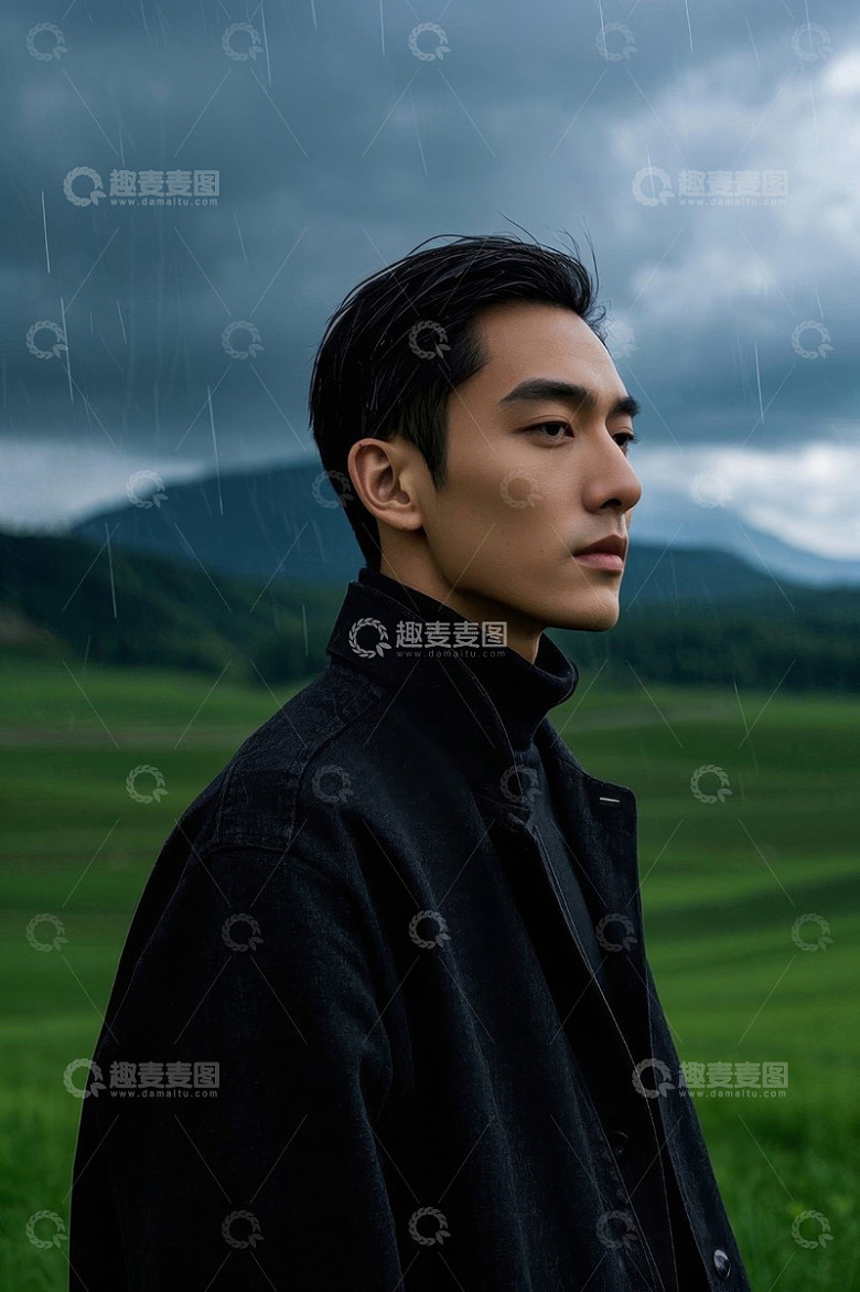 雨中男子田野侧影