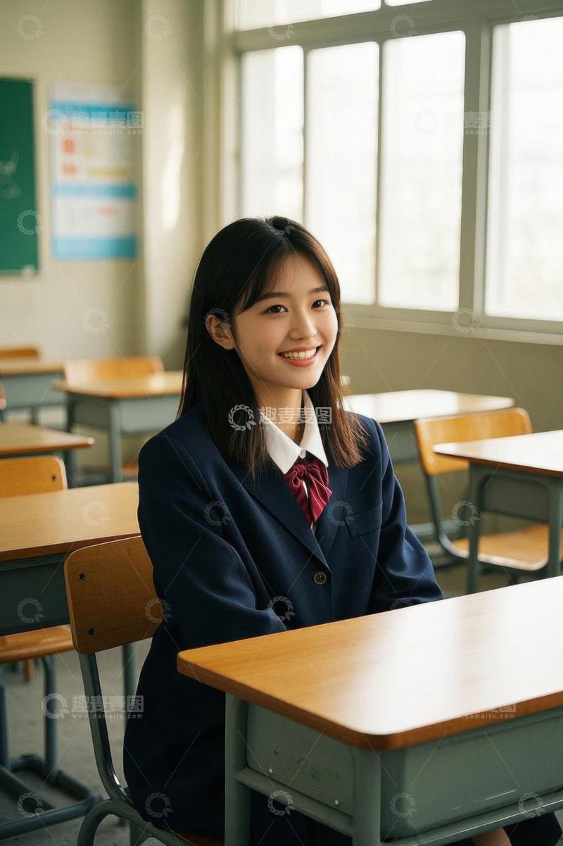 高清大图下载【趣麦麦图】教室中微笑的女学生