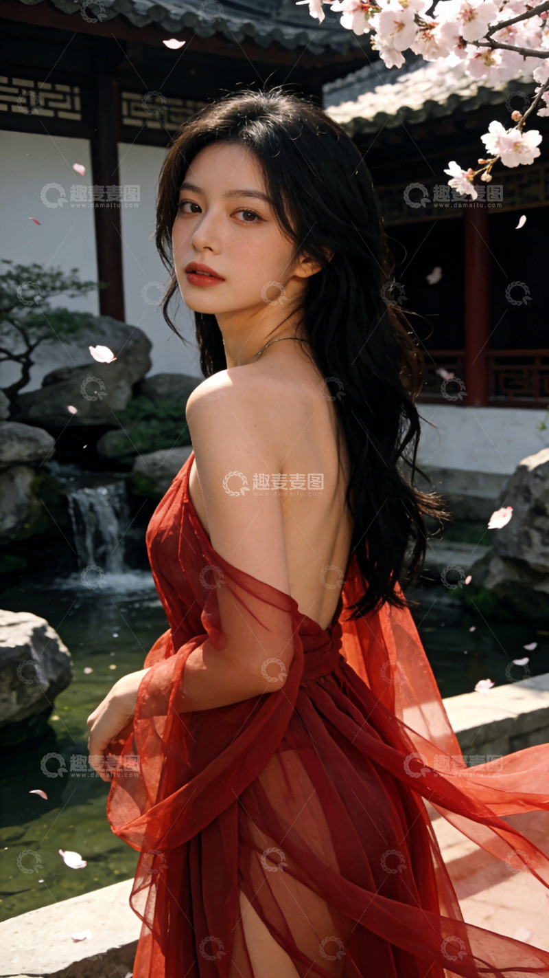 高清大图下载【趣麦麦图】古风美女红色长裙园林写真