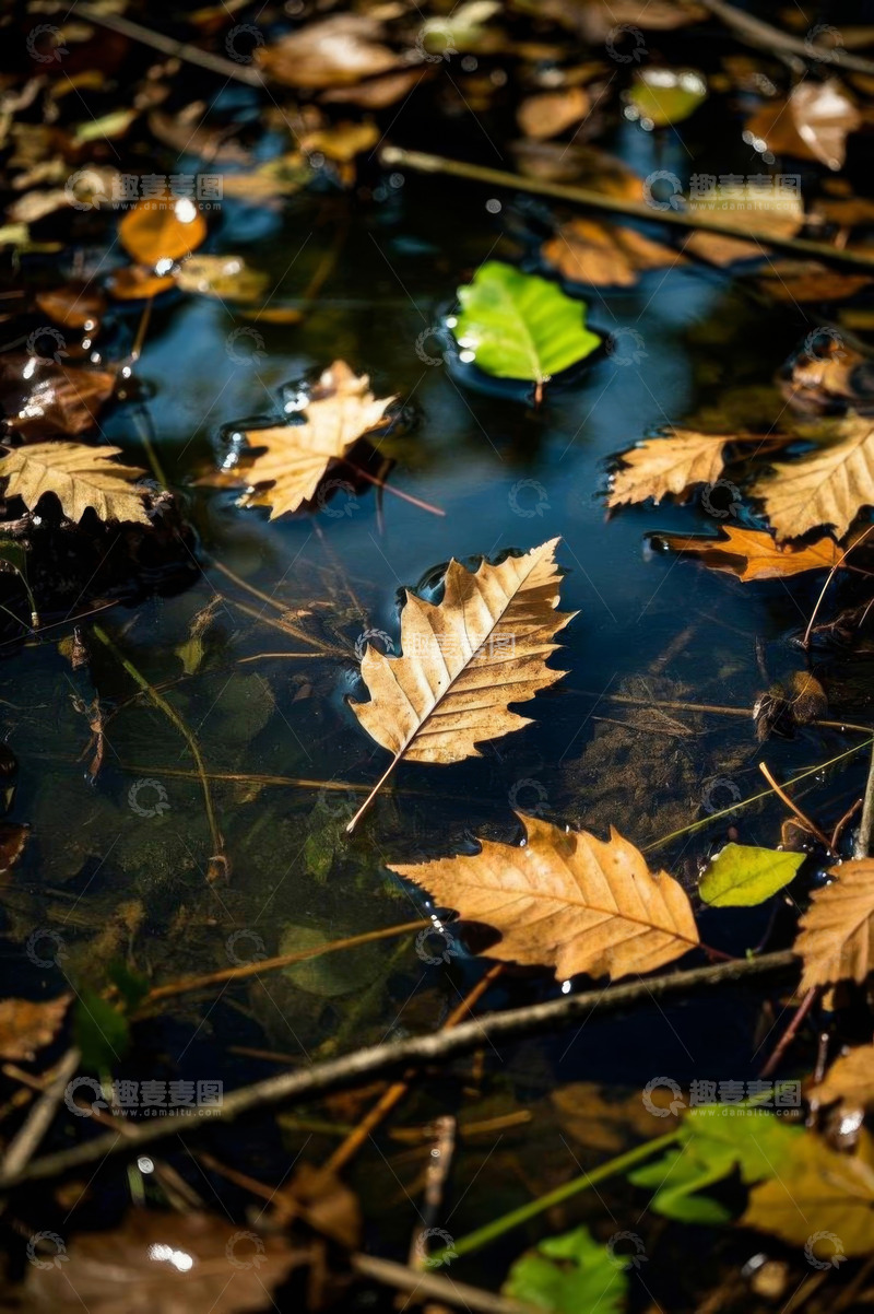 高清大图下载【趣麦麦图】水面漂浮的秋季落叶景象
