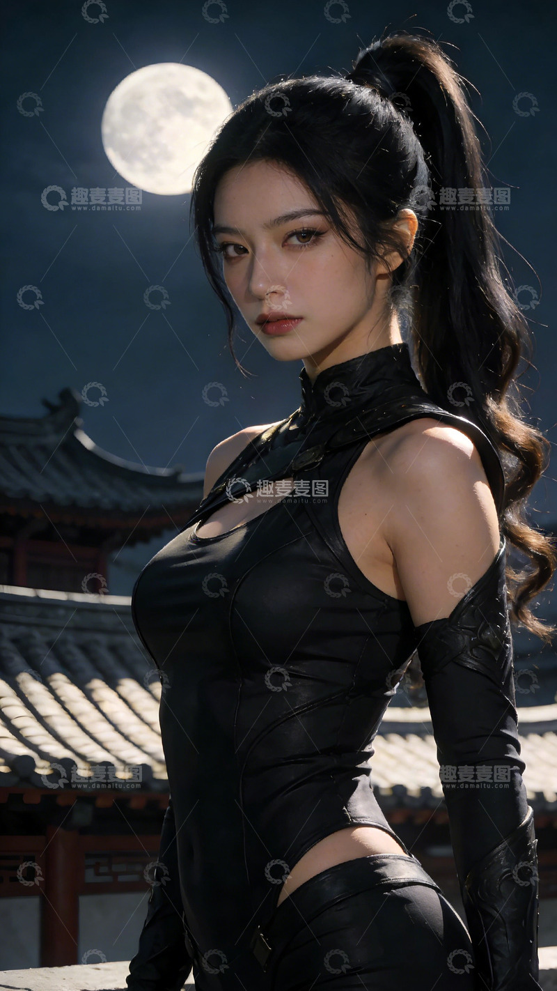 高清大图下载【趣麦麦图】月光下黑裙女子古装写真