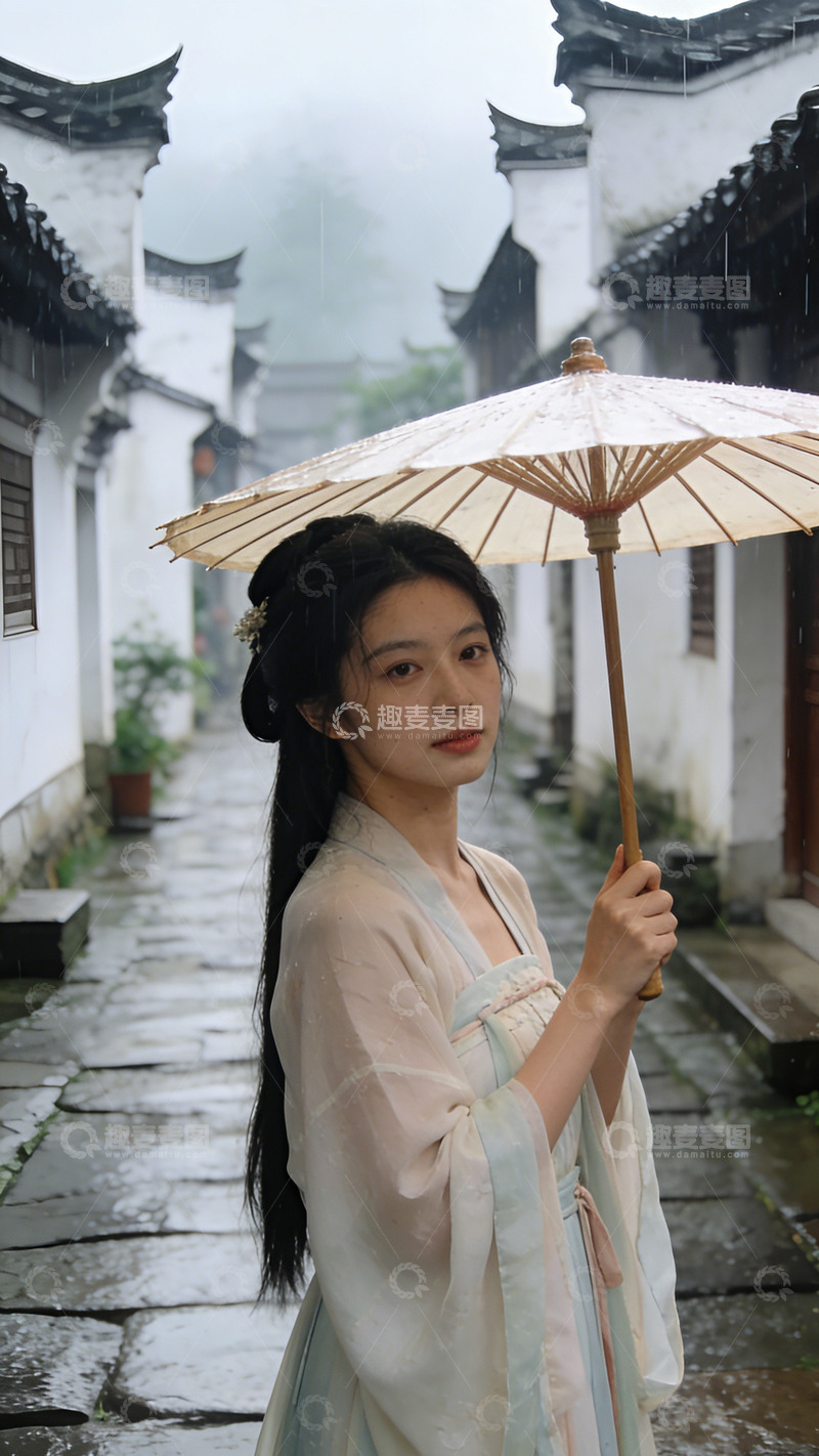 高清大图下载【趣麦麦图】古镇烟雨汉服女子写真
