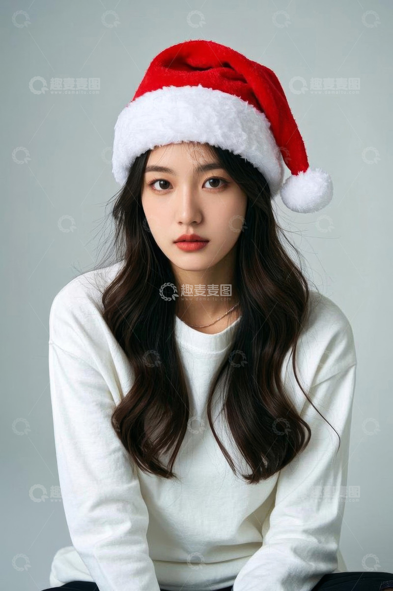高清大图下载【趣麦麦图】戴圣诞帽的女性半身像