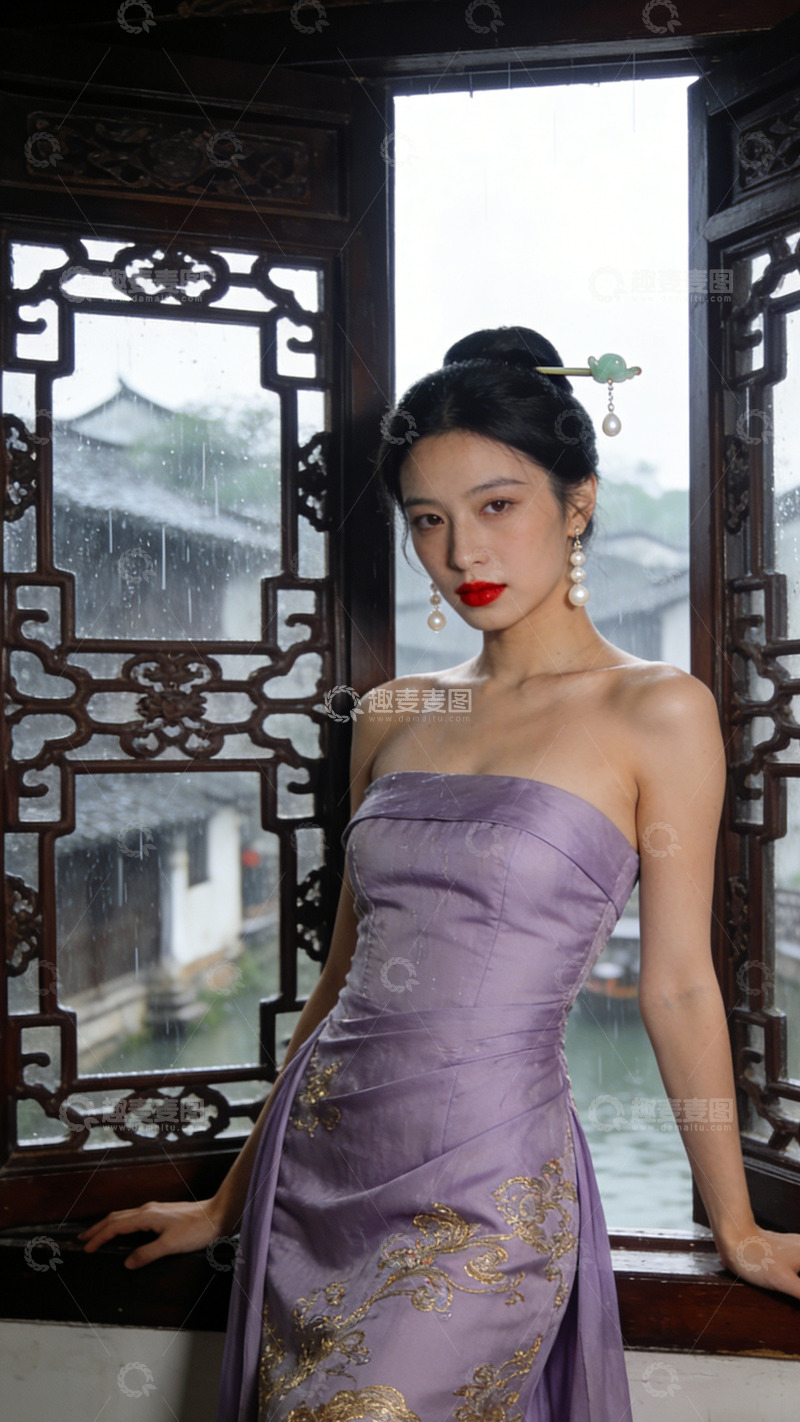 高清大图下载【趣麦麦图】古典美人紫衣窗前景