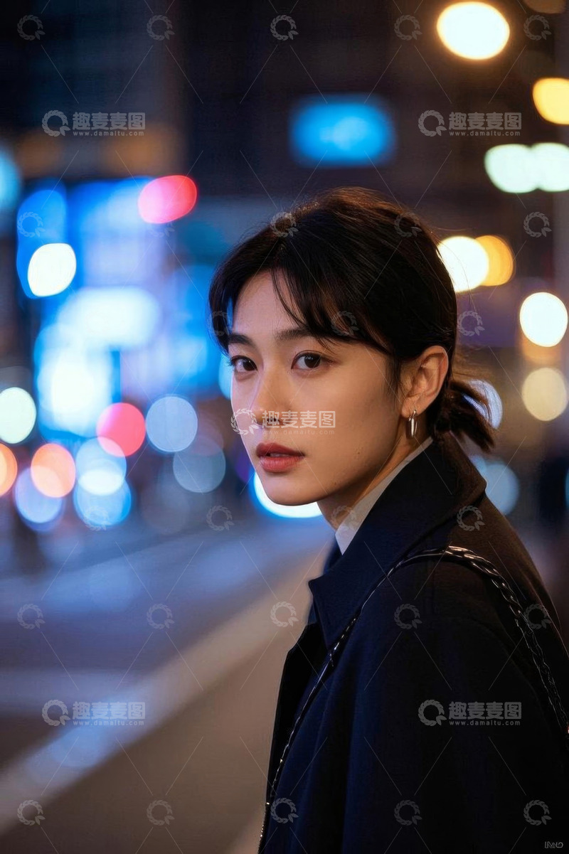 高清大图下载【趣麦麦图】夜晚街道上的女性人物特写