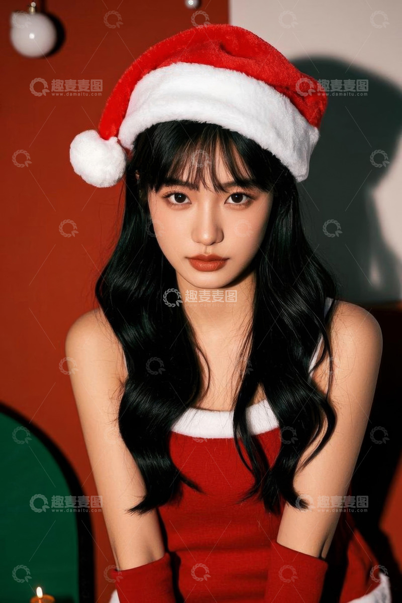 高清大图下载【趣麦麦图】戴圣诞帽的女性肖像